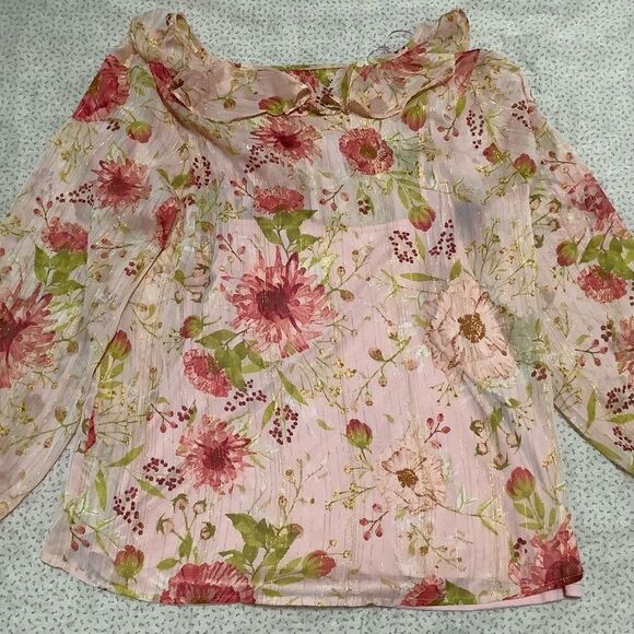 LC Lauren Conrad Boho Chic Sheer Pink Floral Fairycore Ruffle Blouse - Picture 12 of 12